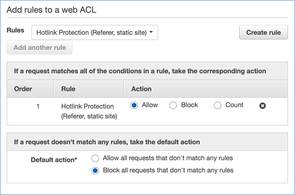 Image showing the setting of the rule to Allow and the Default Action to Block